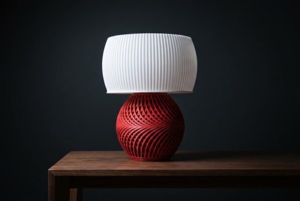 Modern Bordslampa med 3D-utskriven Nätmönstrad Fot (Röd/Vit)