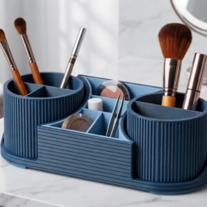 Elegant Sminkförvaring och Borsthållare med Räfflad Design (Marinblå)