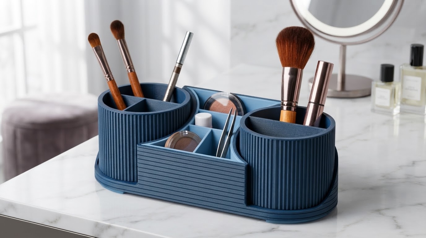 Elegant Sminkförvaring och Borsthållare med Räfflad Design (Marinblå)