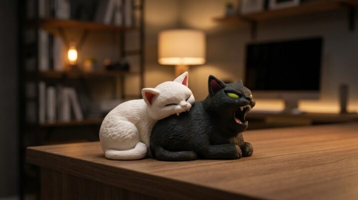 Humoristisk Kattfigur “Yin & Yang” – Rolig Skrivbordsdekoration (Svart/Vit)